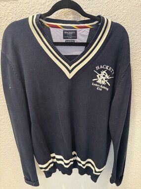Hackett Navy V-Neck Sweater with Cream Trim